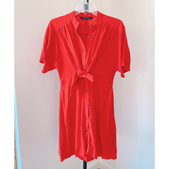 Zara Short Sleeve Red Button Up Tie Front Short Dress Size Small - Picture 1 of 2